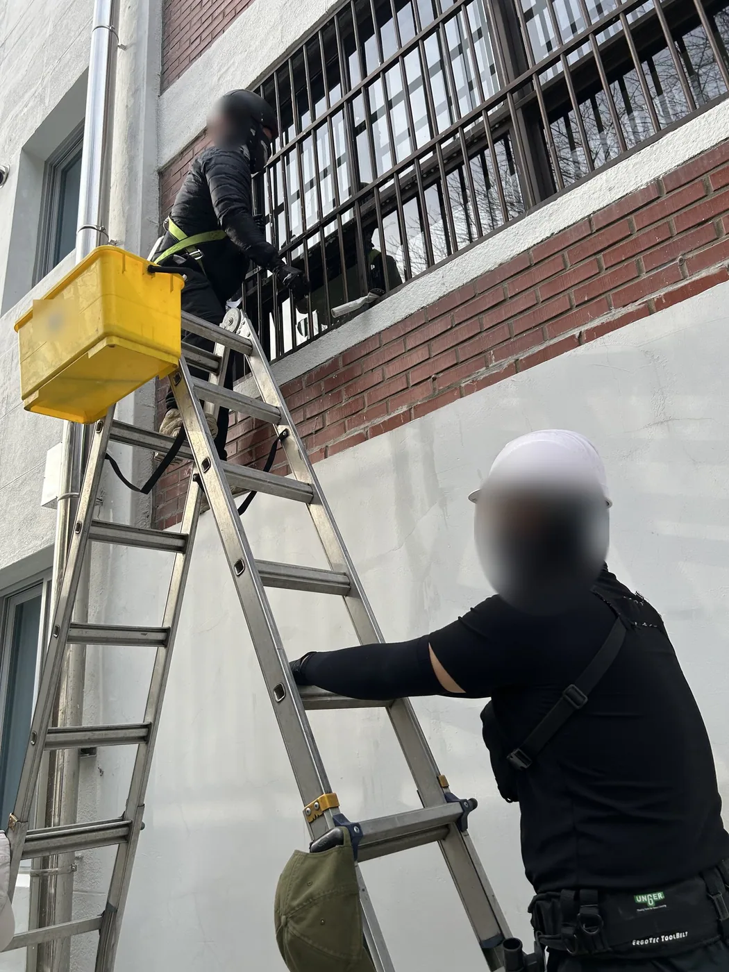 건물 바깥 벽에 세운 연장 사다리 위에서 안전대를 찬 작업자가 방범창 너머 유리를 닦고, 아래에서 다른 작업자가 사다리를 붙잡은 모습