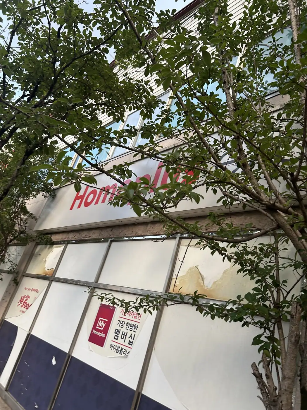 가로수 가지 아래 흰 판형 간판에 누런 얼룩이 흘러내린 작업 전 모습